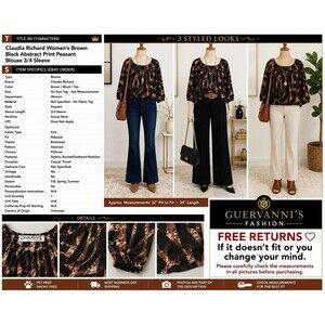 Claudia Richard Womens brown black abstract print peasant blouse 3/4 sleeve
